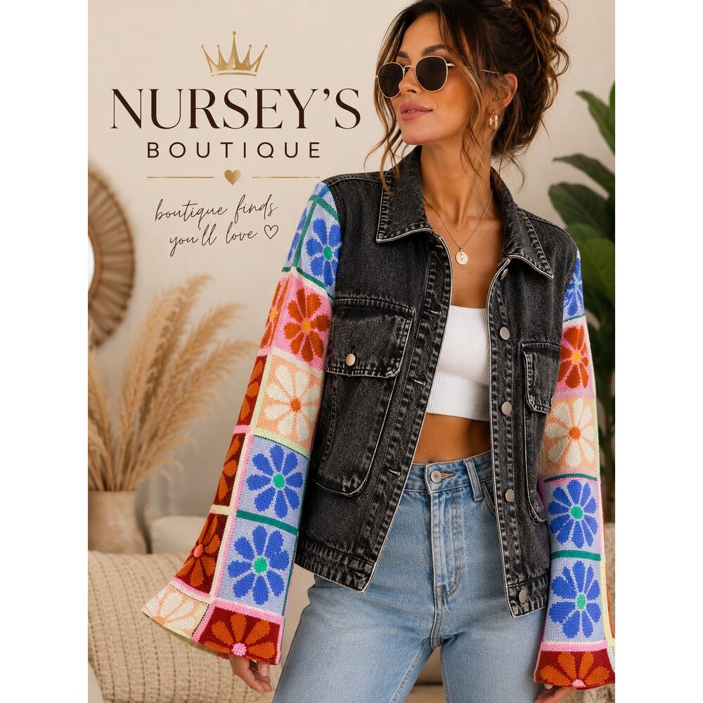 Davi & Dani Acid Wash Denim Jacket Retro Floral Knit Sleeves Small NWT